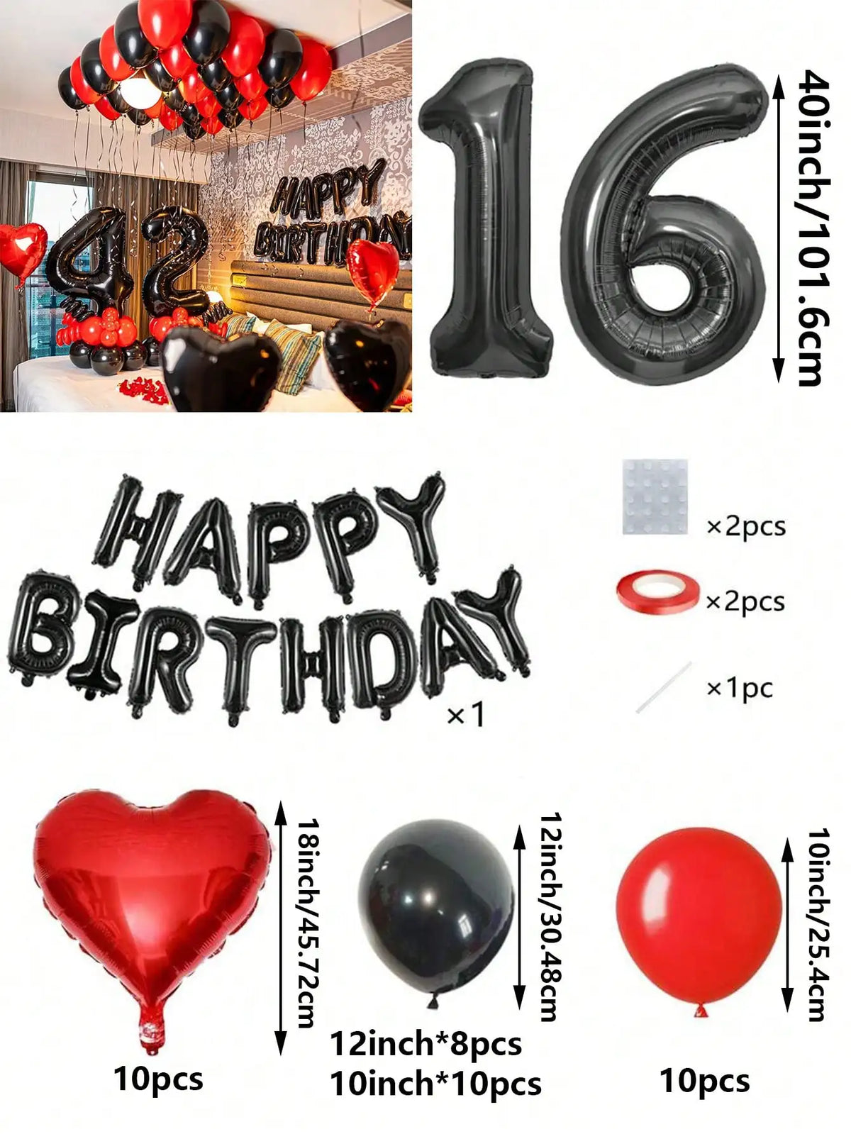 A set of red and black foil number balloons, heart-shaped balloons, and a balloon garland for birthday decorations.