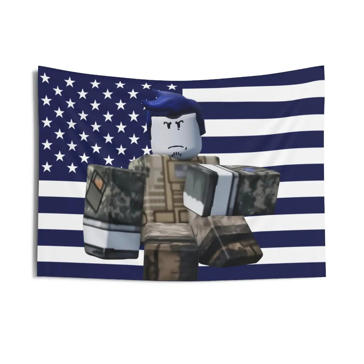 A graphic depiction of a patriotic American flag with a character resembling a soldier in the center.