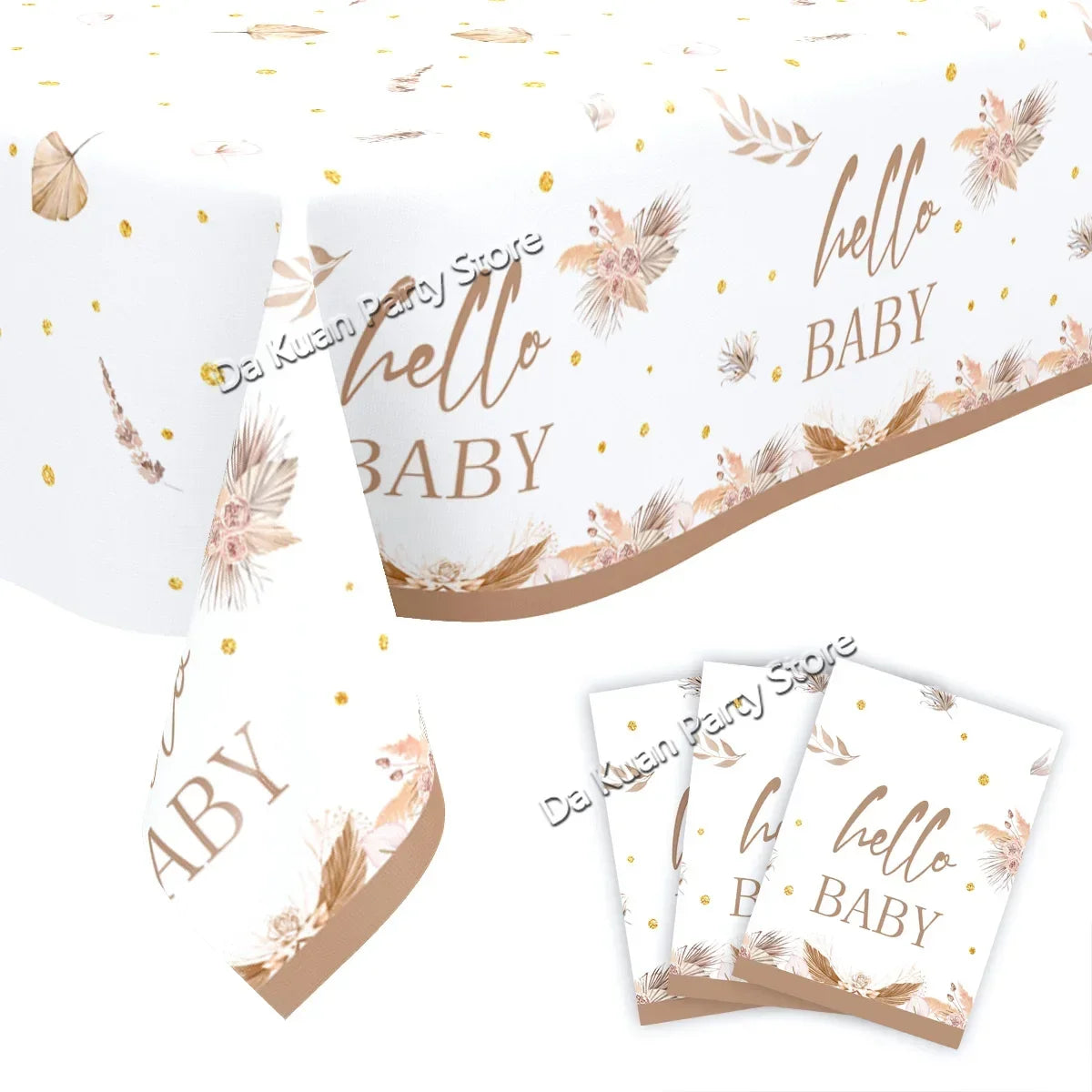 A beige and gold banner featuring the text Hello Baby with floral accents for a gender reveal or baby shower.