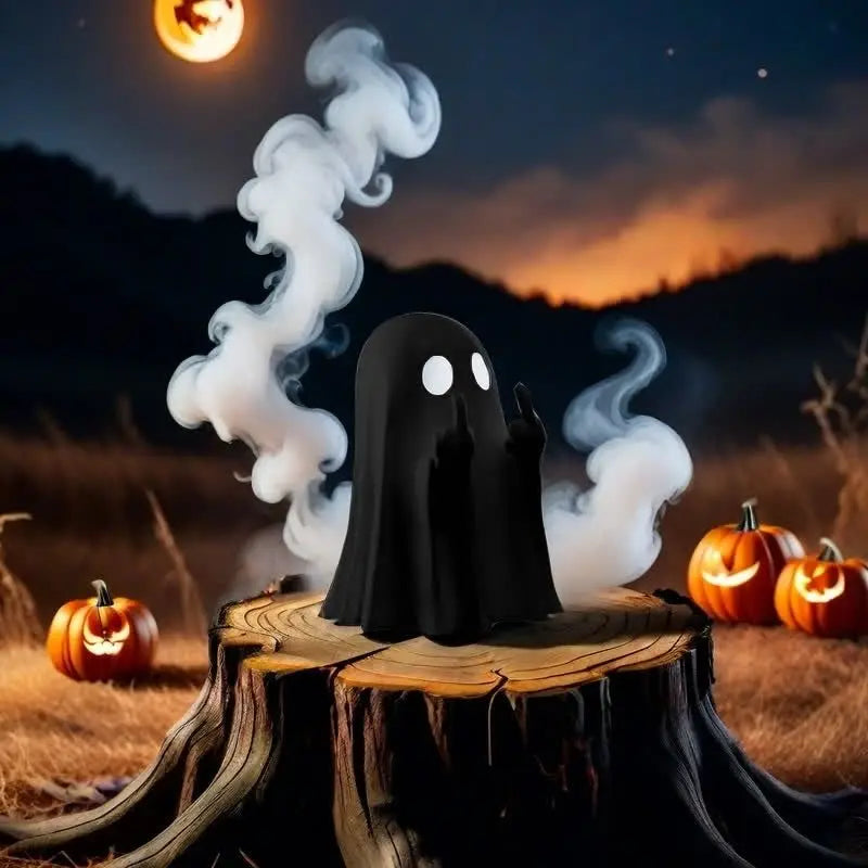 A black ghost figurine with wisps of smoke sits on a wooden log in a dark outdoor setting under a moonlit sky.