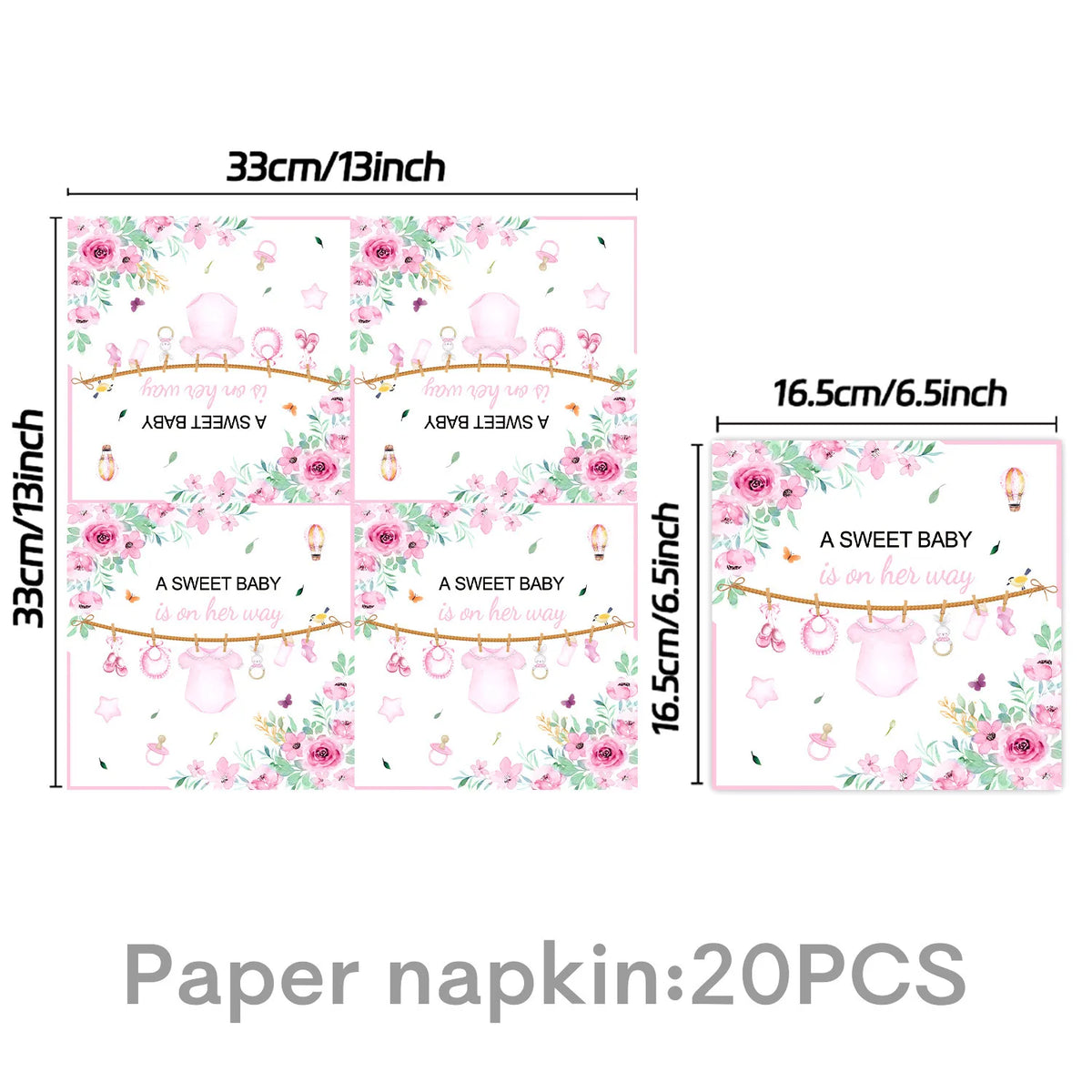 Pink floral pattern paper napkins with sweet baby designs for a baby shower