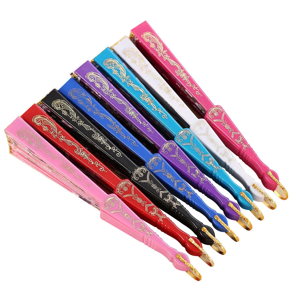 A set of vintage lace hand fans in various colors including pink, purple, and blue.