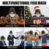 A collage of four funny fish mask costumes: Halloween Terror, Christmas Cheer, Office Prank, and Party Animal.