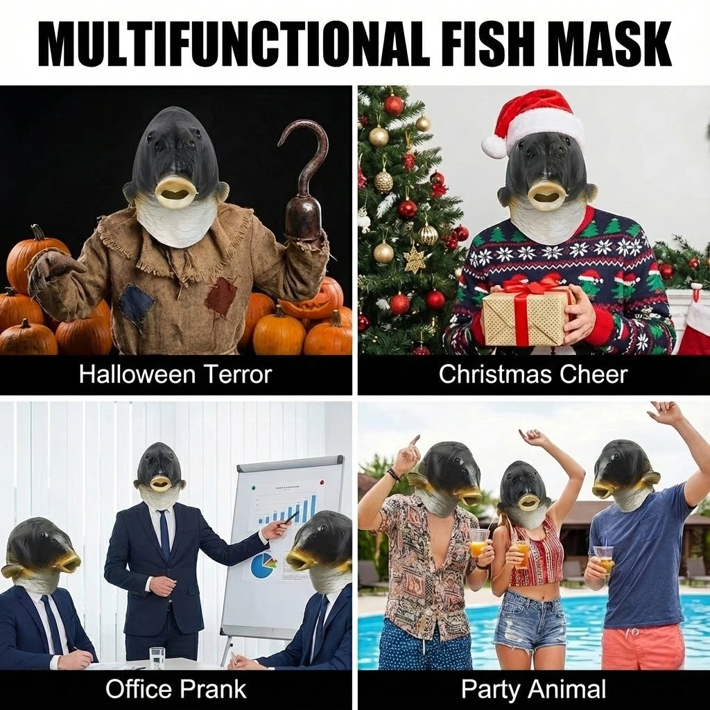 A collage of four funny fish mask costumes: Halloween Terror, Christmas Cheer, Office Prank, and Party Animal.