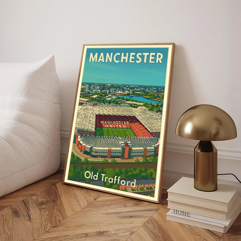 A framed canvas art print depicting a view of Manchester United's stadium and the city skyline.