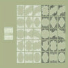 A sheet of vintage lace pattern stickers in white and black on a pale green background.