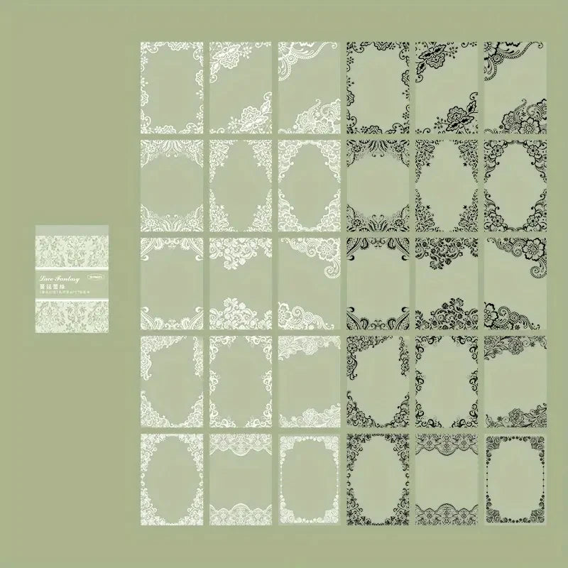 A sheet of vintage lace pattern stickers in white and black on a pale green background.