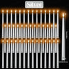 A display of silver taper candles with flickering LED flames arranged in rows.