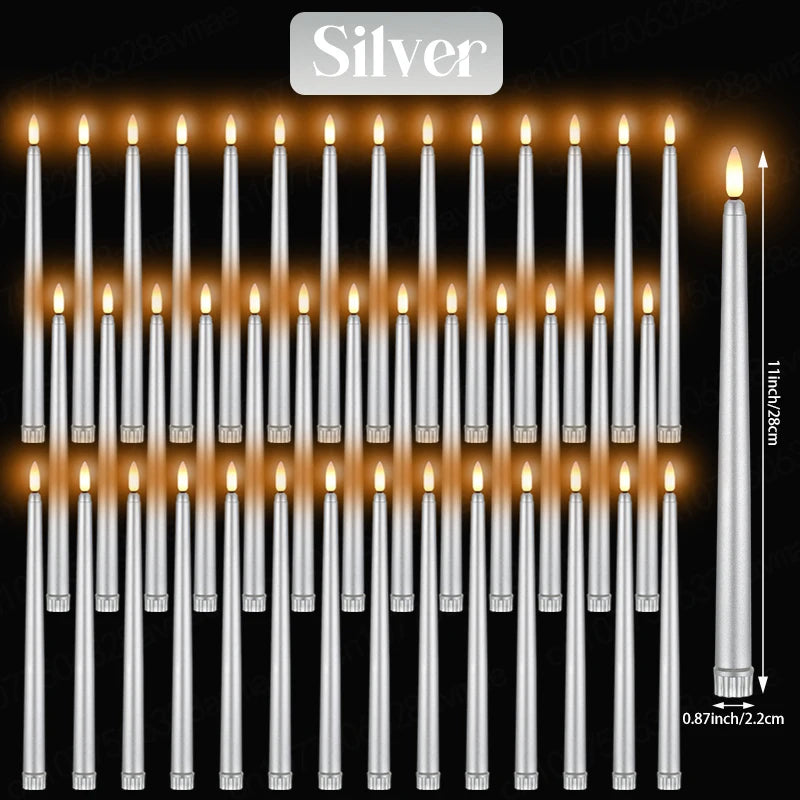 A display of silver taper candles with flickering LED flames arranged in rows.