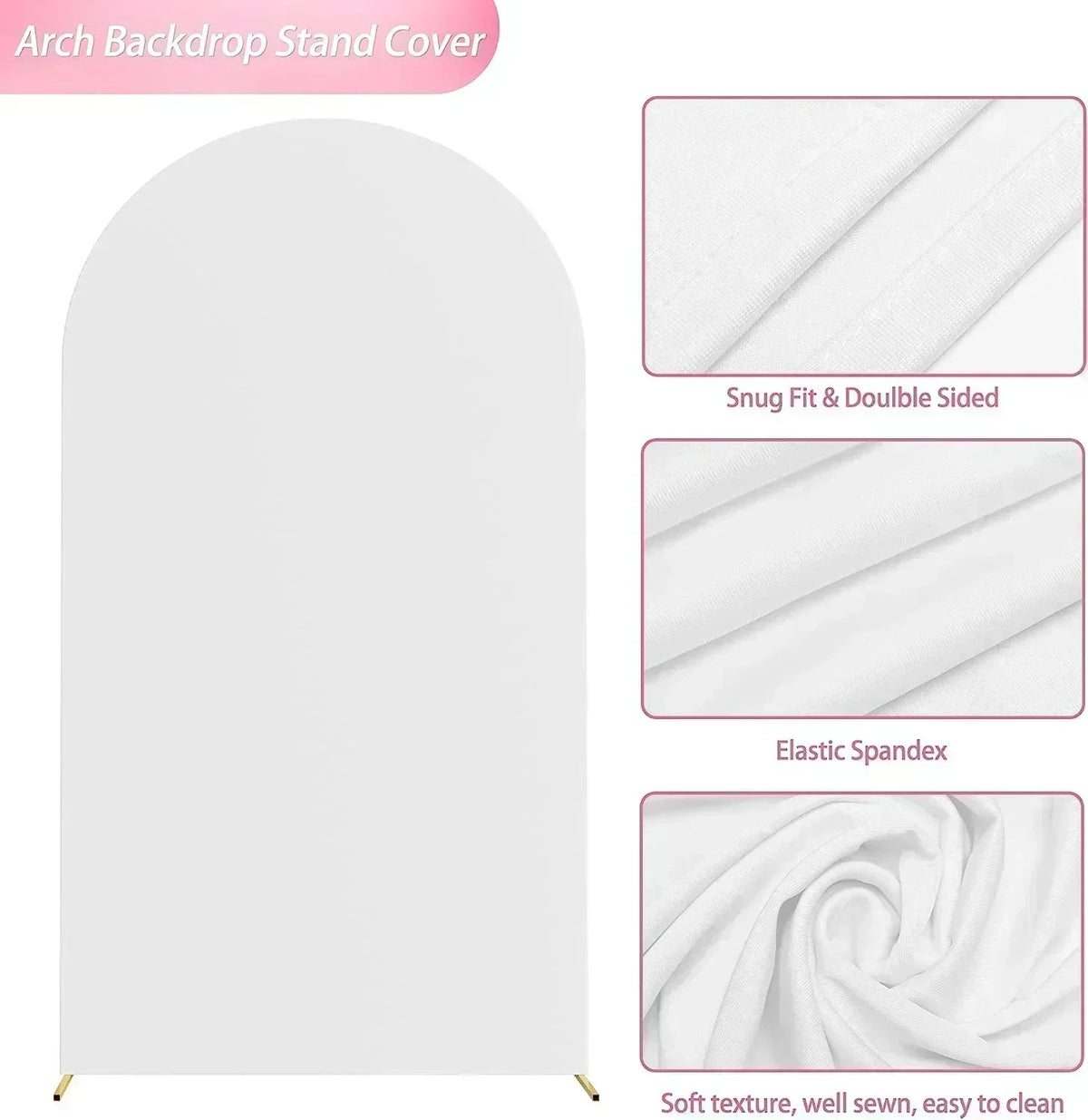 White arch backdrop stand cover showing fabric texture and details like snug fit and elastic spandex