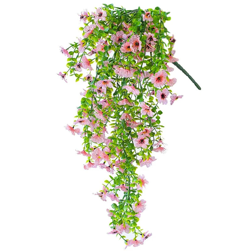 Artificial hanging morning glory flowers in pink and green silk vines for indoor and outdoor decor