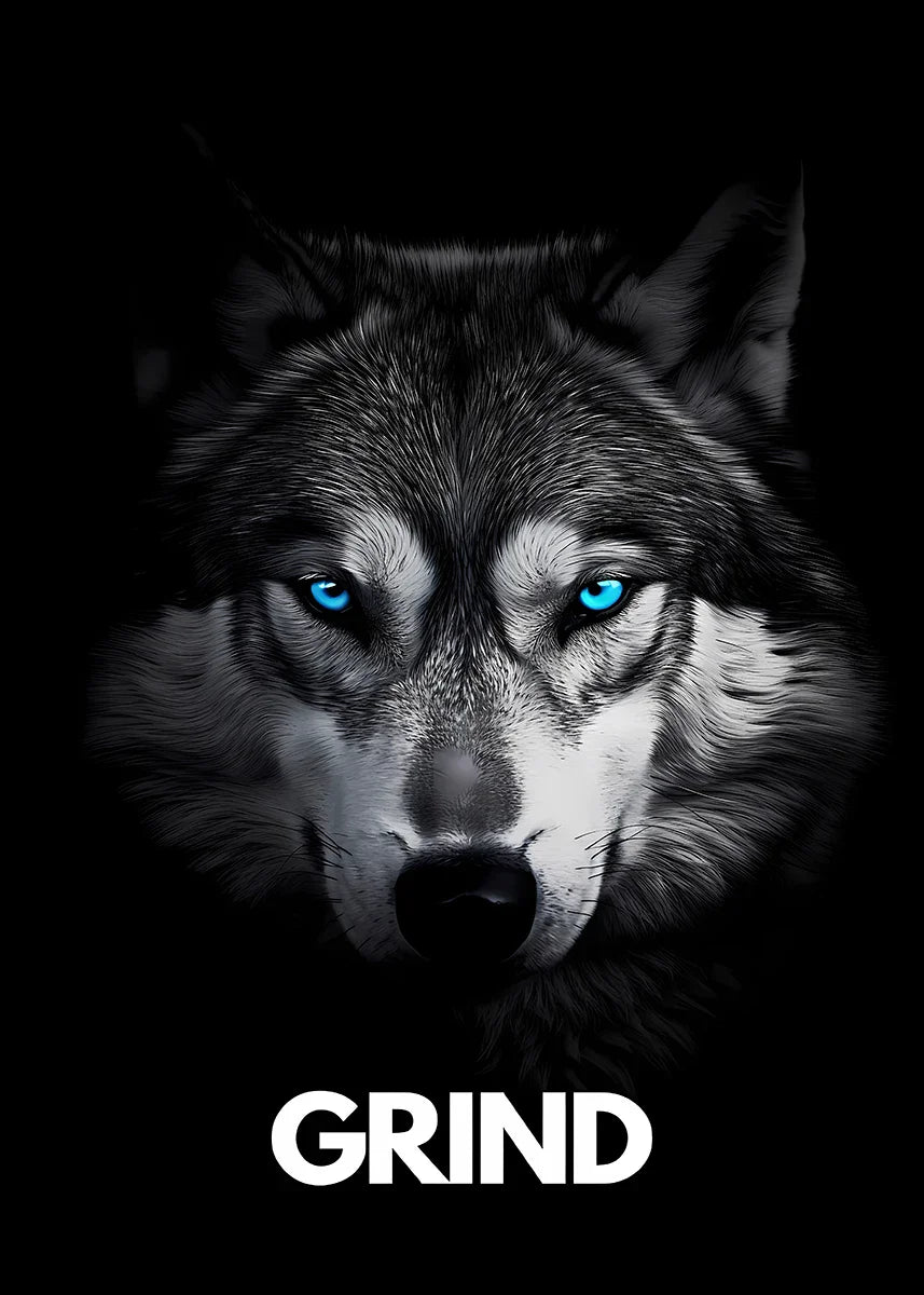 A close-up portrait of a wolf with striking blue eyes against a black background, featuring the word GRIND below.