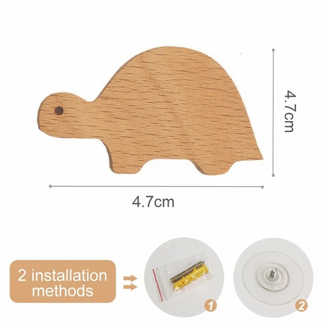A light brown wooden dinosaur hook with two installation methods shown.