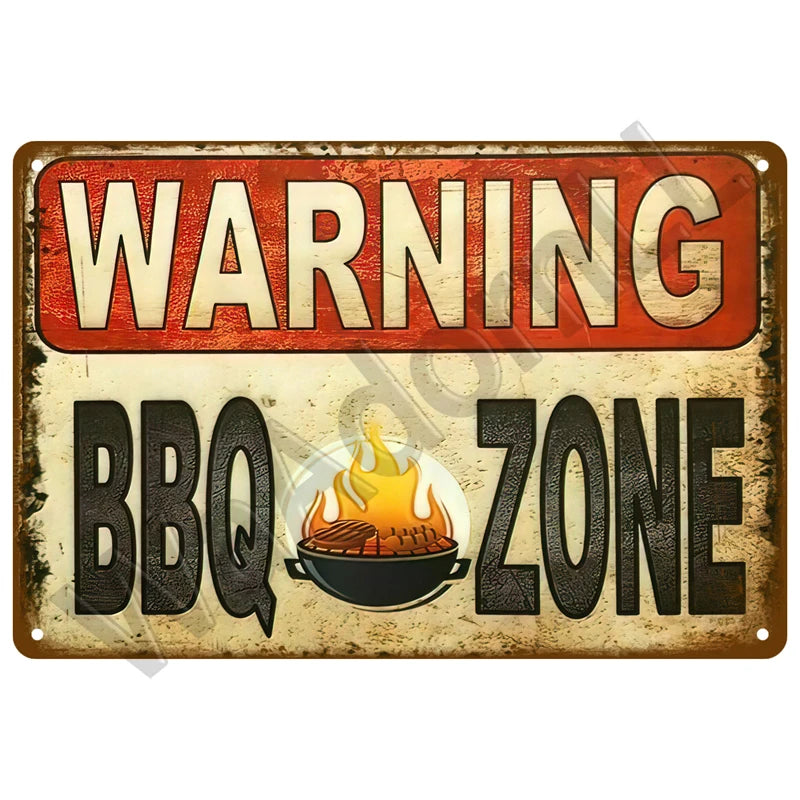 A vintage metal sign with the text WARNING BBQ ZONE in bold lettering on an orange background.