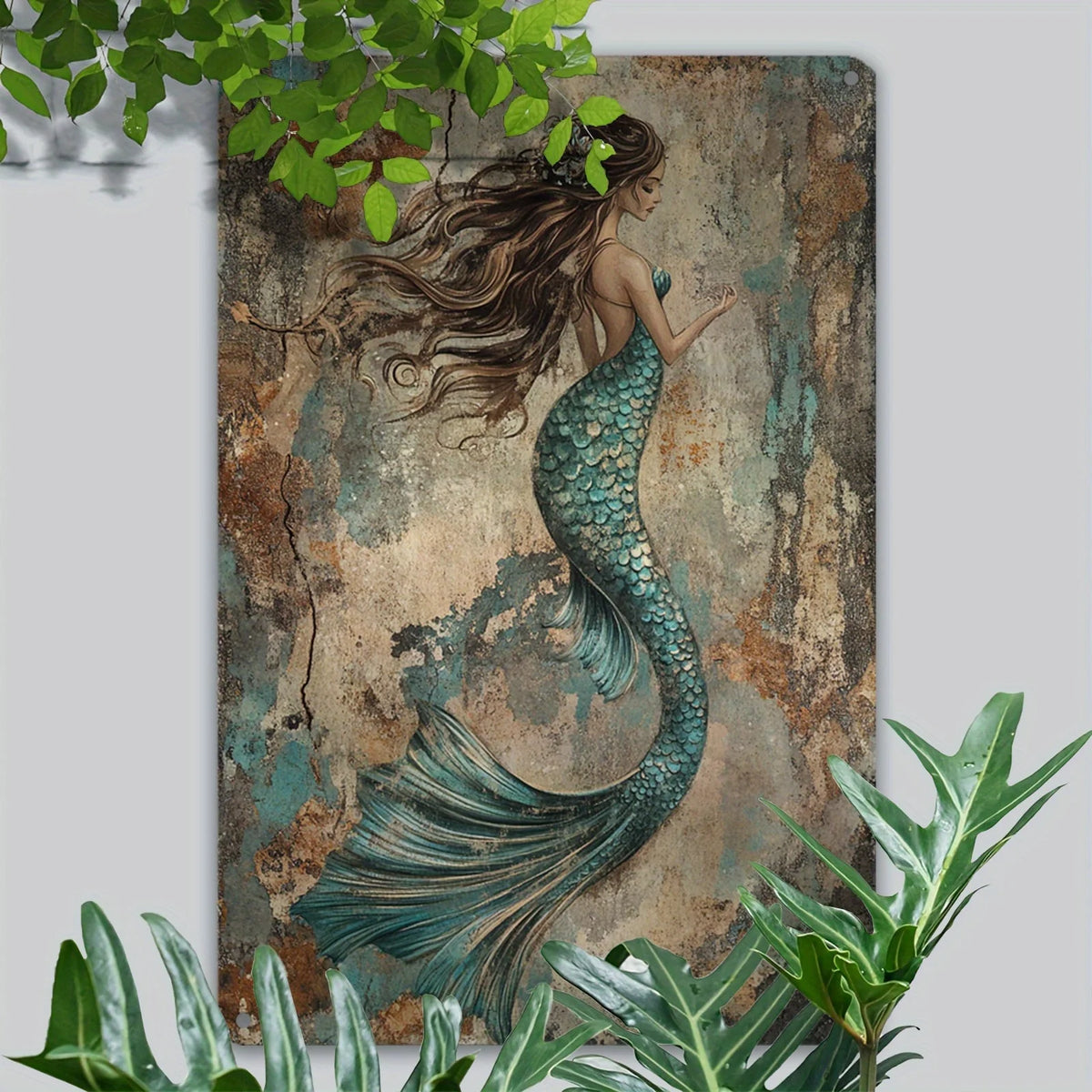 Vintage mermaid metal wall art sign featuring a woman with long flowing hair and a shimmering teal tail against an aged backg