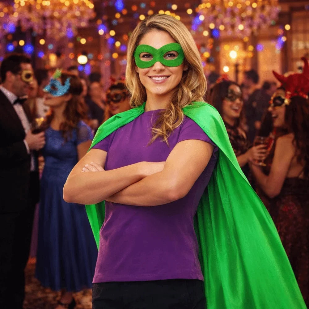 A smiling woman wearing a purple shirt and a bright green cape and eye mask at a party.