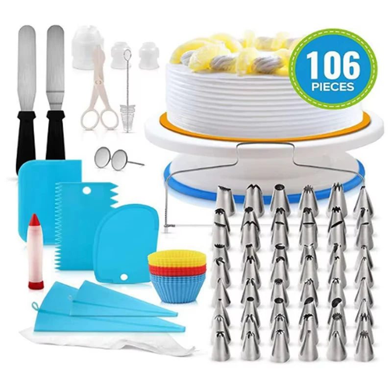 Professionelles Tortenverzierungswerkzeugset mit verschiedenen Werkzeugen zum Verpipen und Formen von Kuchen, inklusive Beisp