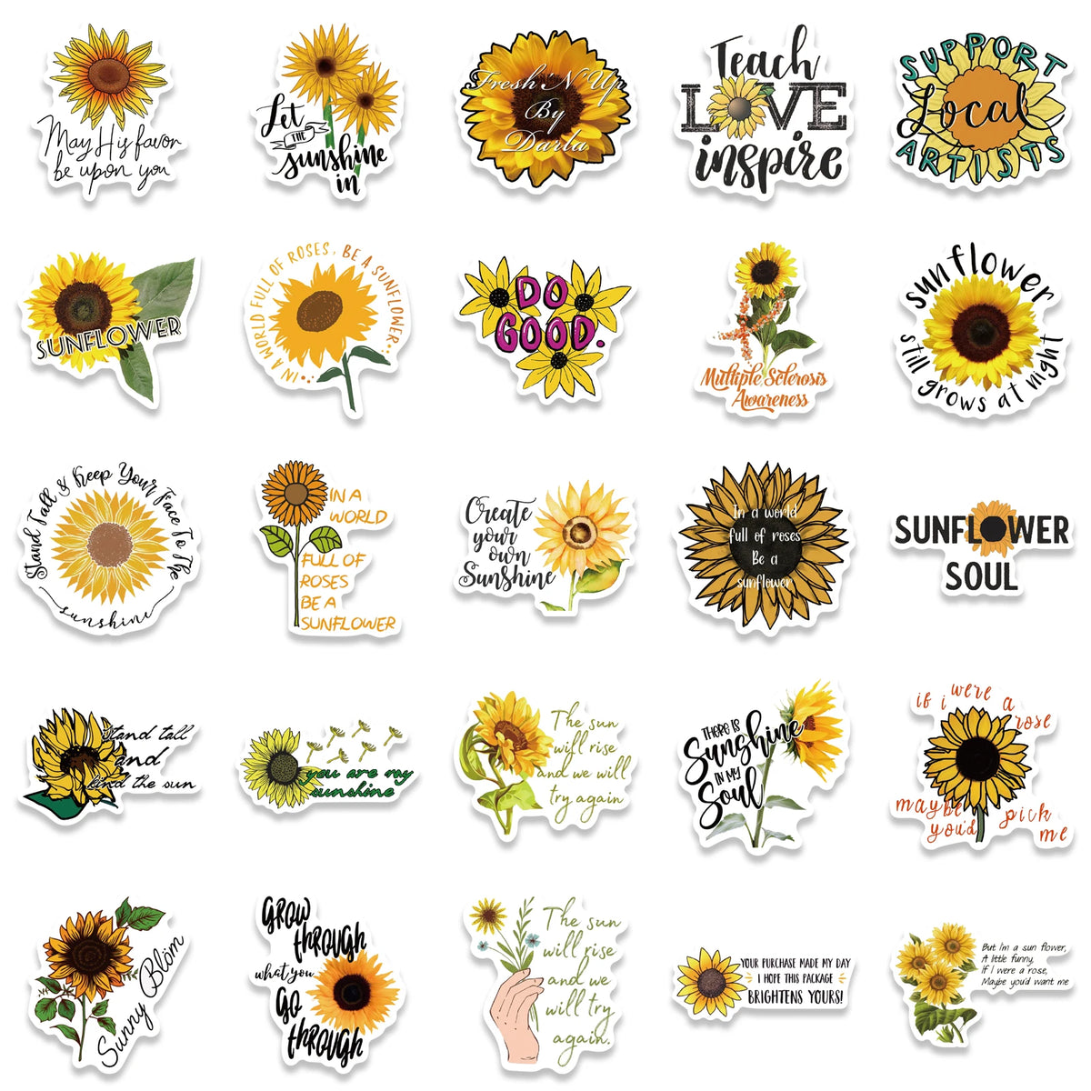 Eine Sammlung von ländlichen Sonnenblumen-Stickers mit verschiedenen inspirierenden Sprüchen und Designs.