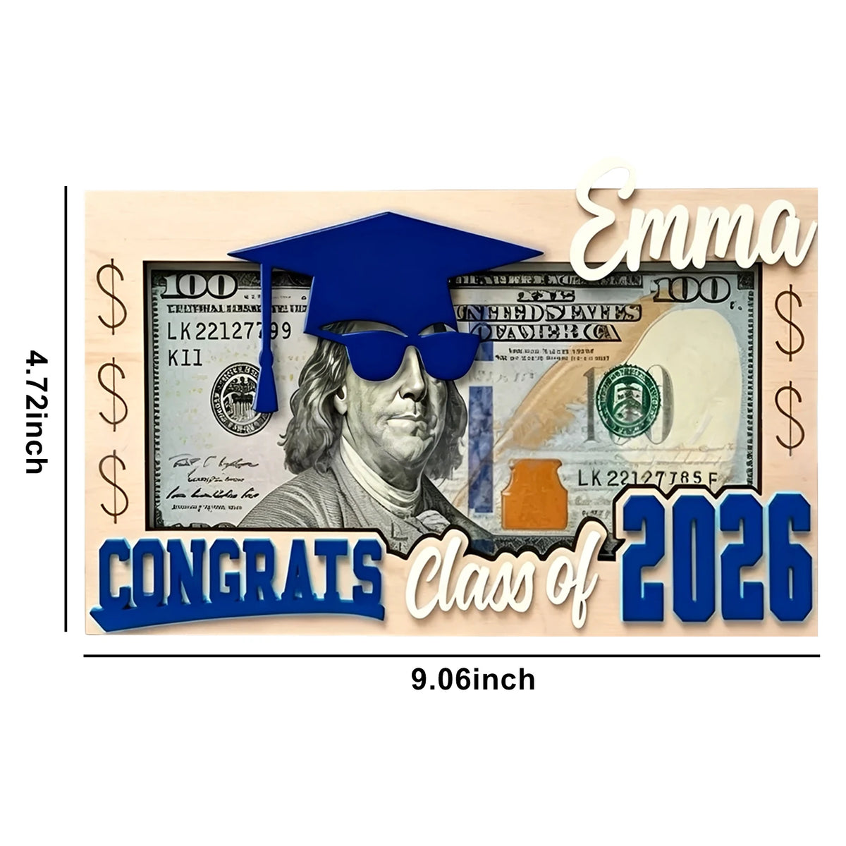A wooden graduation money box featuring a portrait, a graduation cap, and text congratulating the Class of 2026.