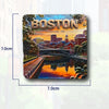 A magnet featuring a scenic view of Boston, Massachusetts, including a bridge and cityscape.