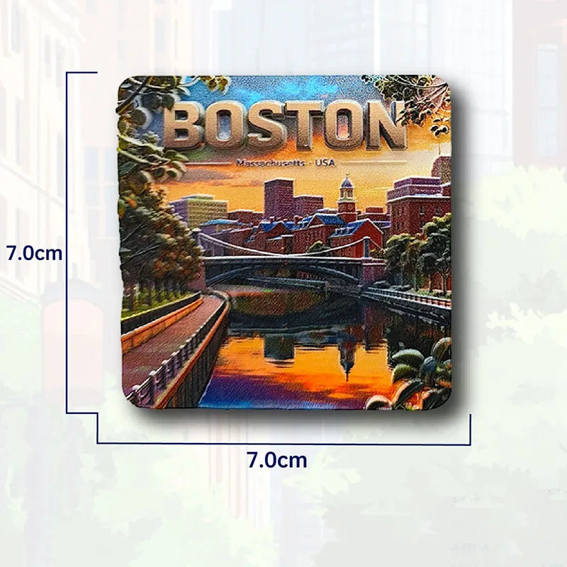 A magnet featuring a scenic view of Boston, Massachusetts, including a bridge and cityscape.