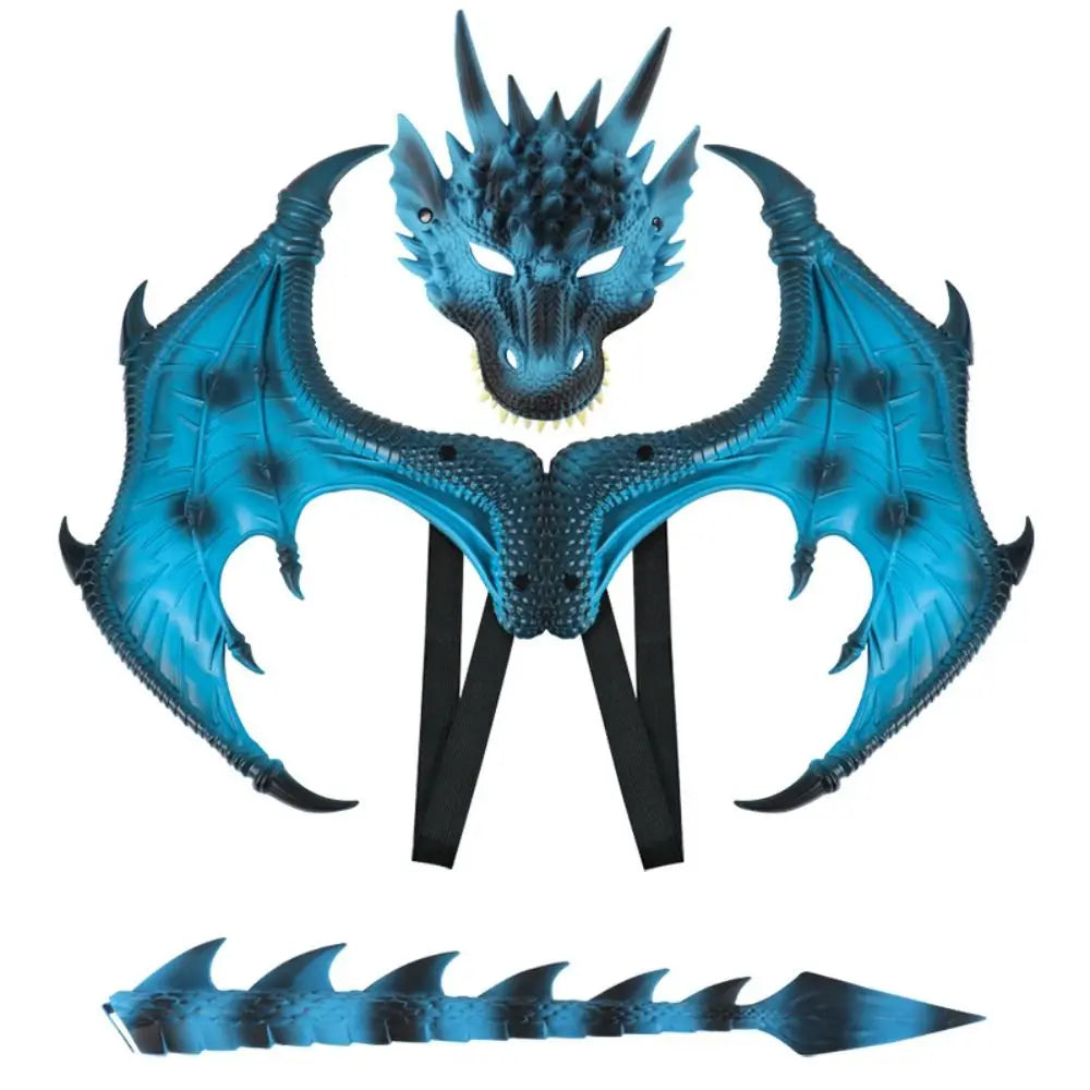 A blue dragon wings and tail cosplay costume set for kids featuring a headpiece, large wings, and a tail.