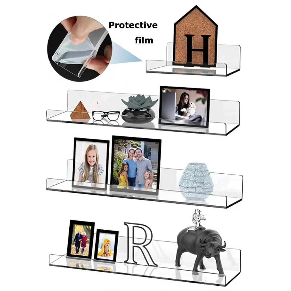 A clear acrylic floating storage rack set featuring protective film, including a house-shaped holder and decorative items.