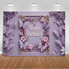 A vertical photo backdrop featuring a purple background decorated with pink and purple flowers and butterflies for birthday o