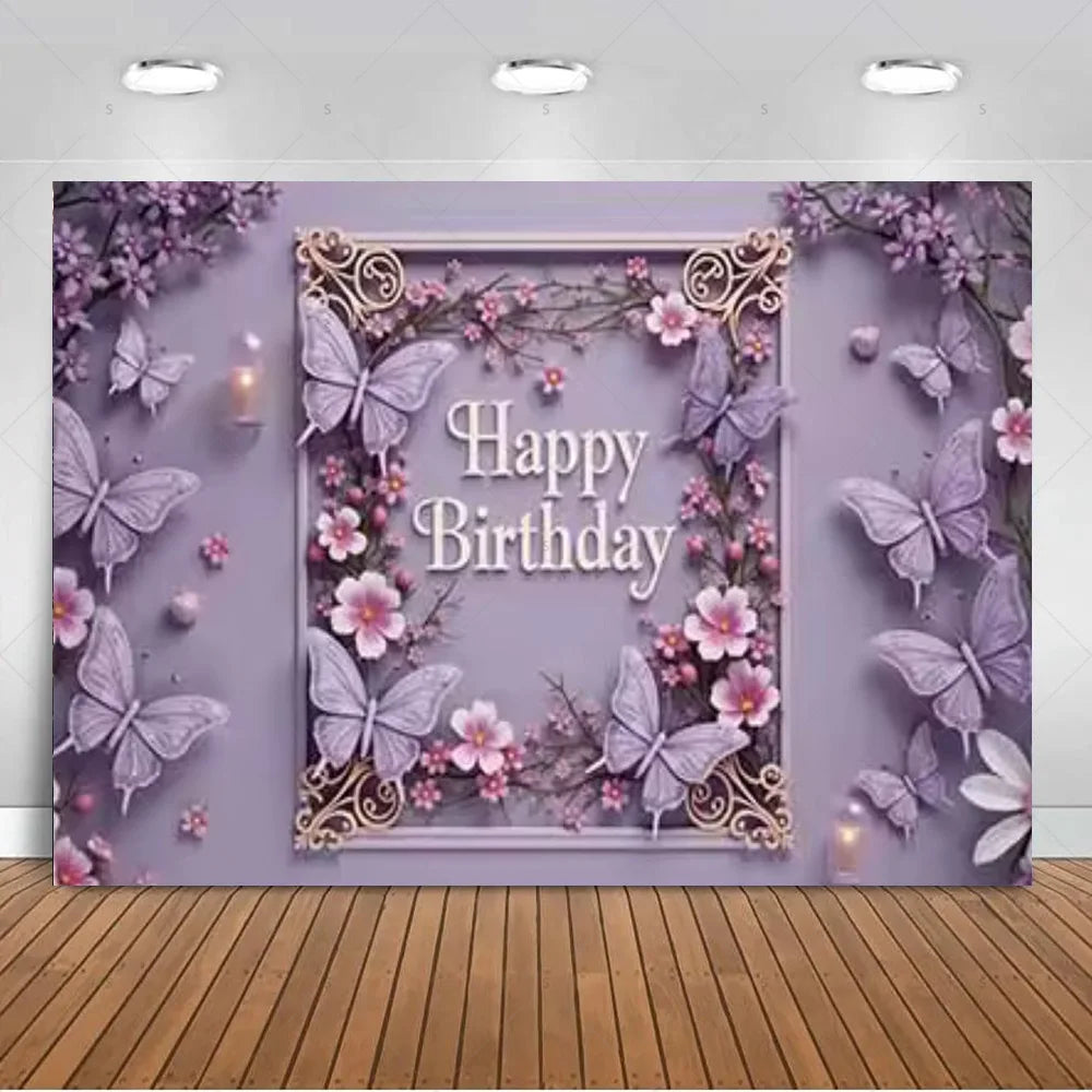 A vertical photo backdrop featuring a purple background decorated with pink and purple flowers and butterflies for birthday o