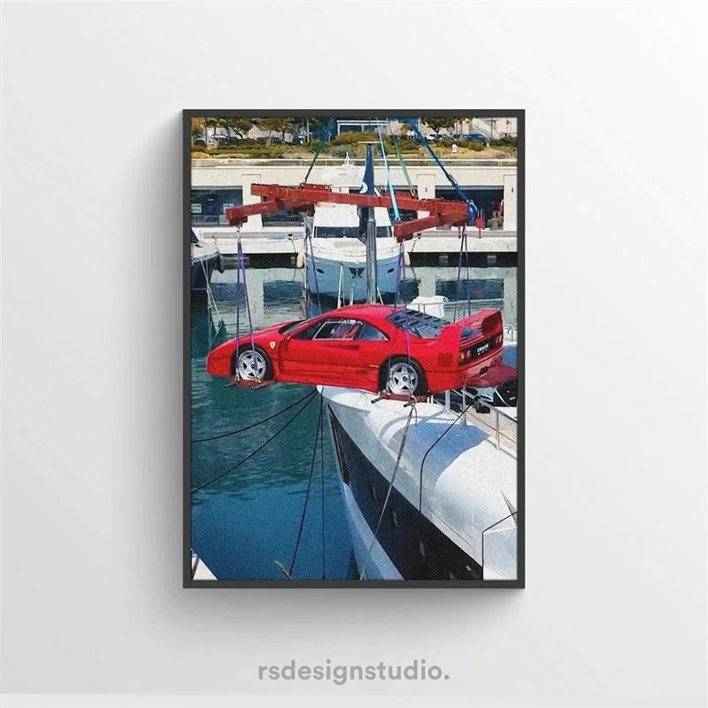 A canvas wall art featuring a red sports car docked in a marina with boats and buildings in the background.