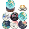 A set of six wooden bible verse coasters featuring floral designs and inspirational scripture