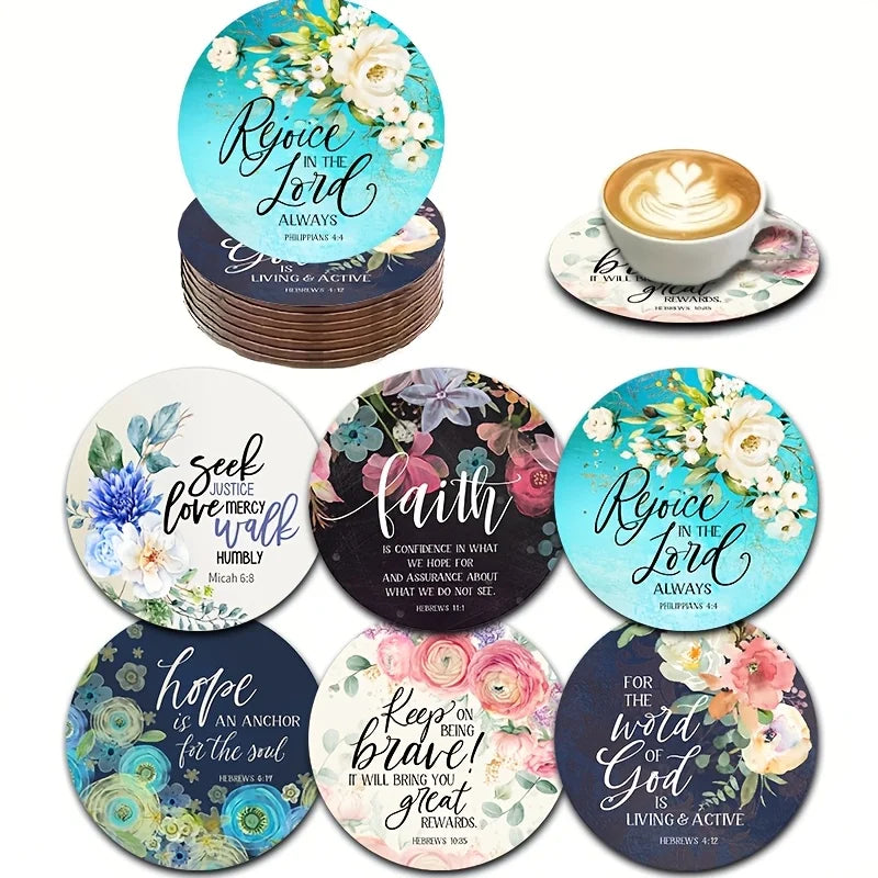 A set of six wooden bible verse coasters featuring floral designs and inspirational scripture