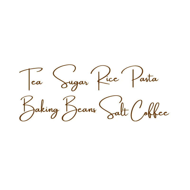 Handwritten script text listing various food items: Tea, Sugar, Rice Pasta, Baking Beans, Salt, and Coffee.