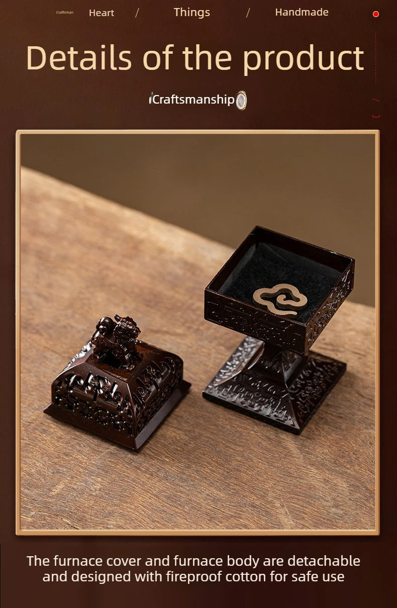 A dark brown ceramic incense burner featuring a detailed square design, shown on a wooden surface.
