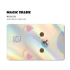 A holographic credit card skin sticker with a light blue iridescent finish.