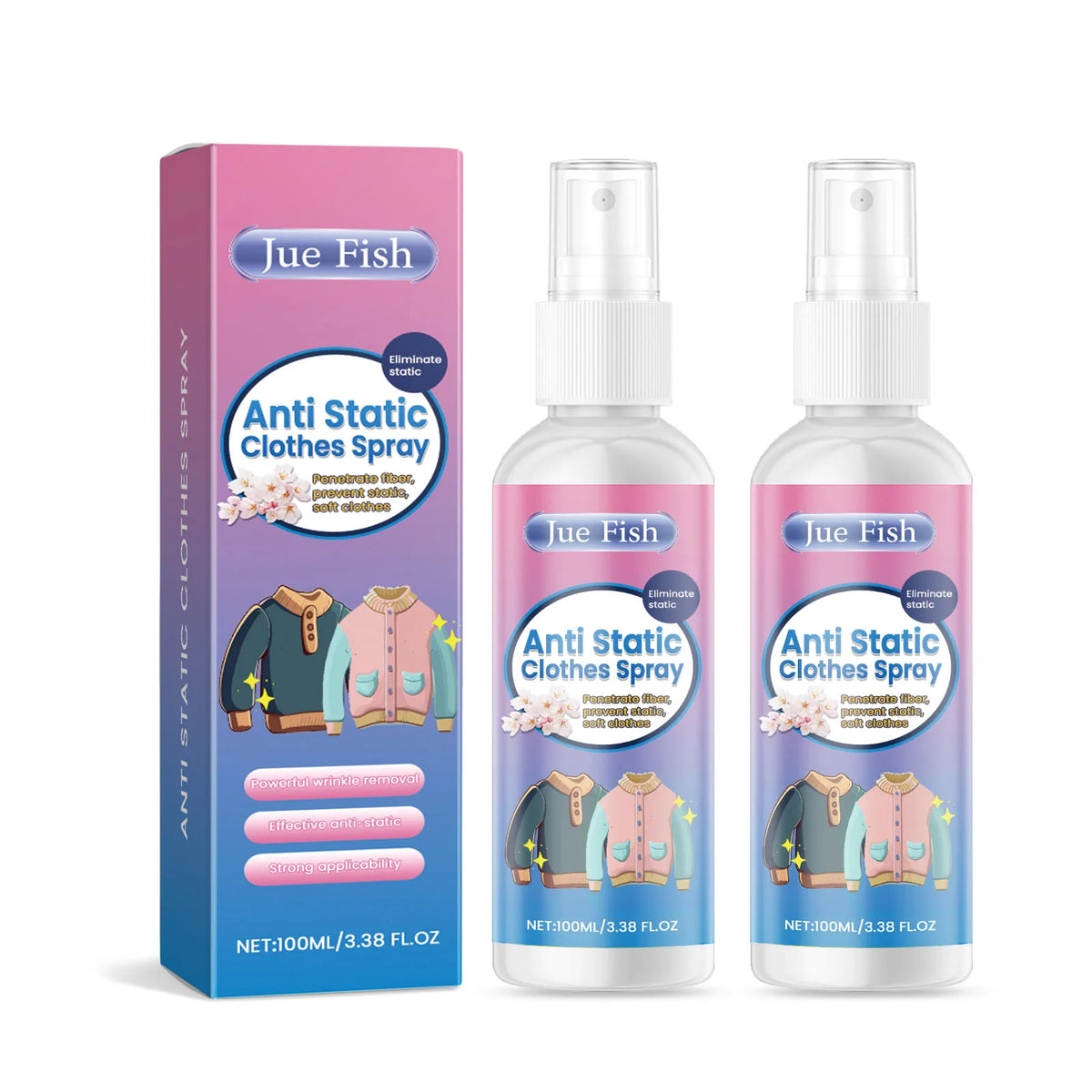 Three bottles of Jue Fish Anti-Static Clothes Spray for fabric wrinkle release and static elimination