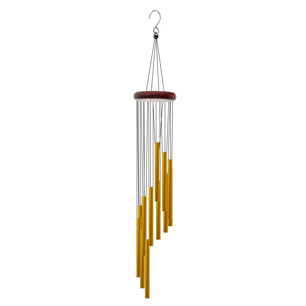A hanging wind chime set featuring aluminum tubes with gold and silver bells.