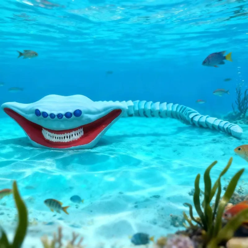 A white, articulated sea monster fidget toy with a wide open mouth and teeth is visible underwater.