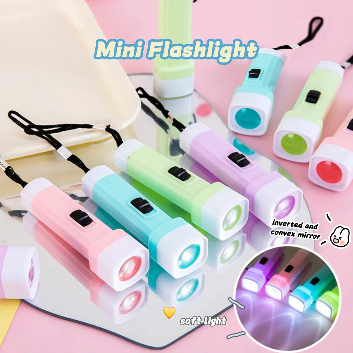 A collection of mini flashlight lights in various pastel colors and shapes displayed on a white surface.