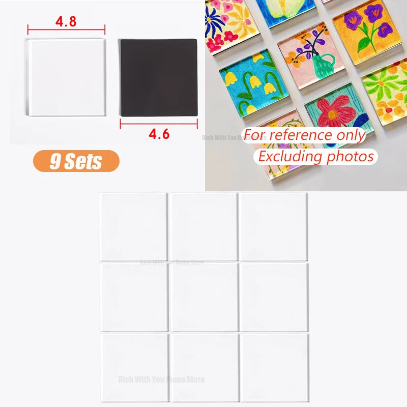A set of nine square fridge magnets in various colors and designs, including white and black options.