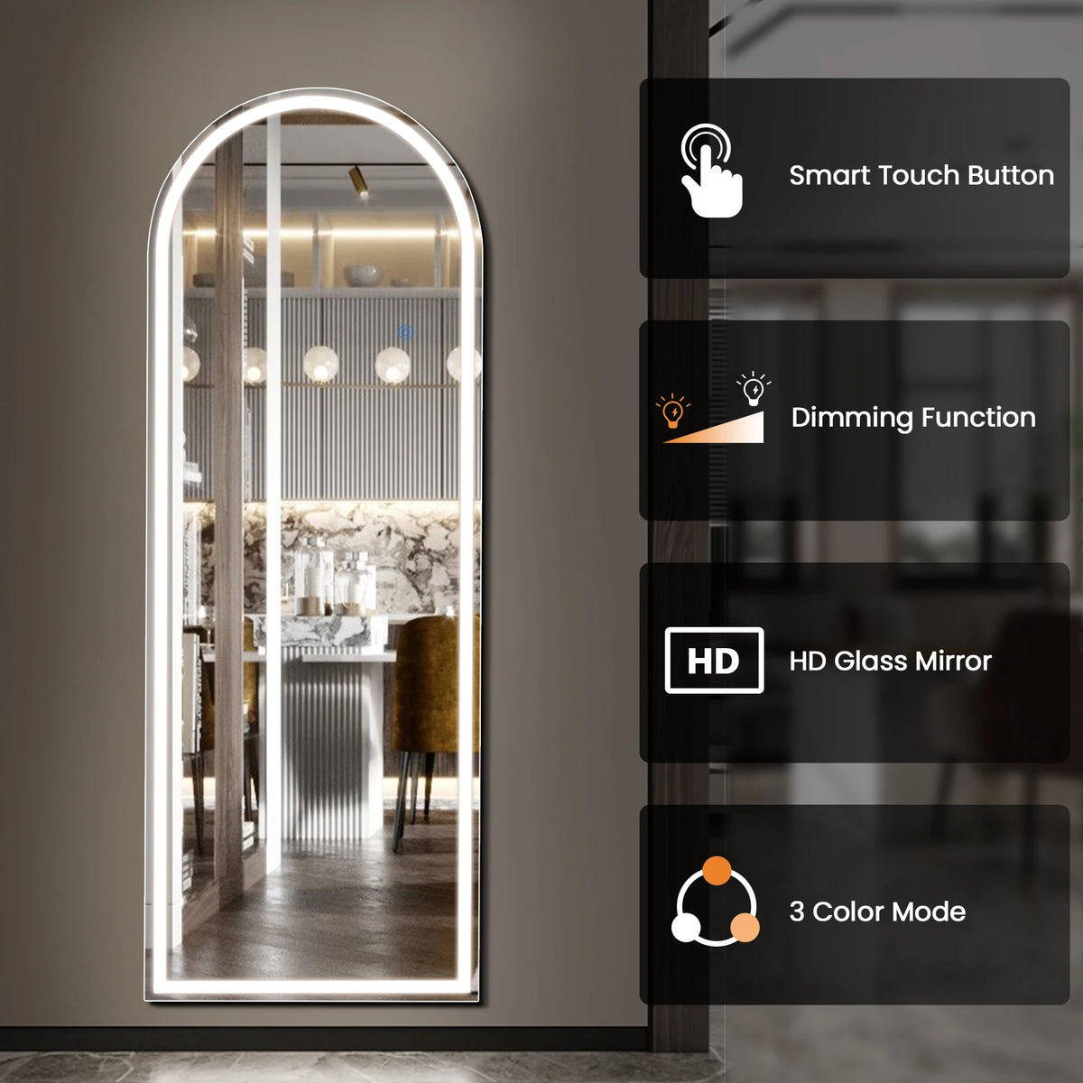 Full-length LED floor mirror with an arched frame and smart touch button features dimming and 3 color modes.