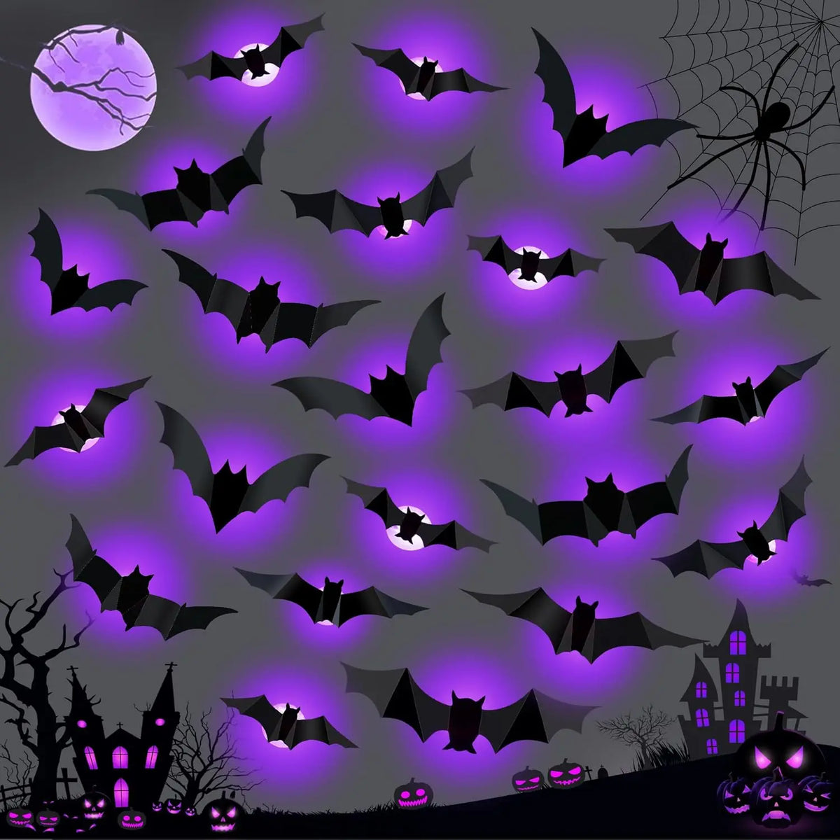 Una escena de Halloween oscura con murciélagos morados brillantes, arañas, calabazas y la silueta de una casa embrujada.