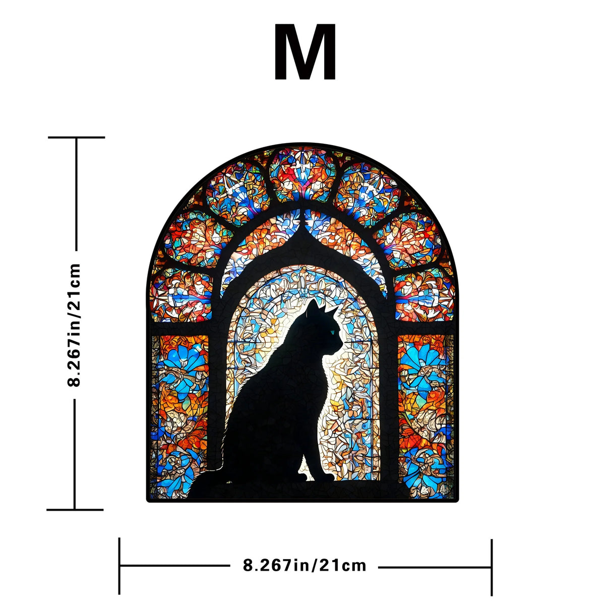 A stained glass window featuring a silhouette of a black cat in an arched frame.
