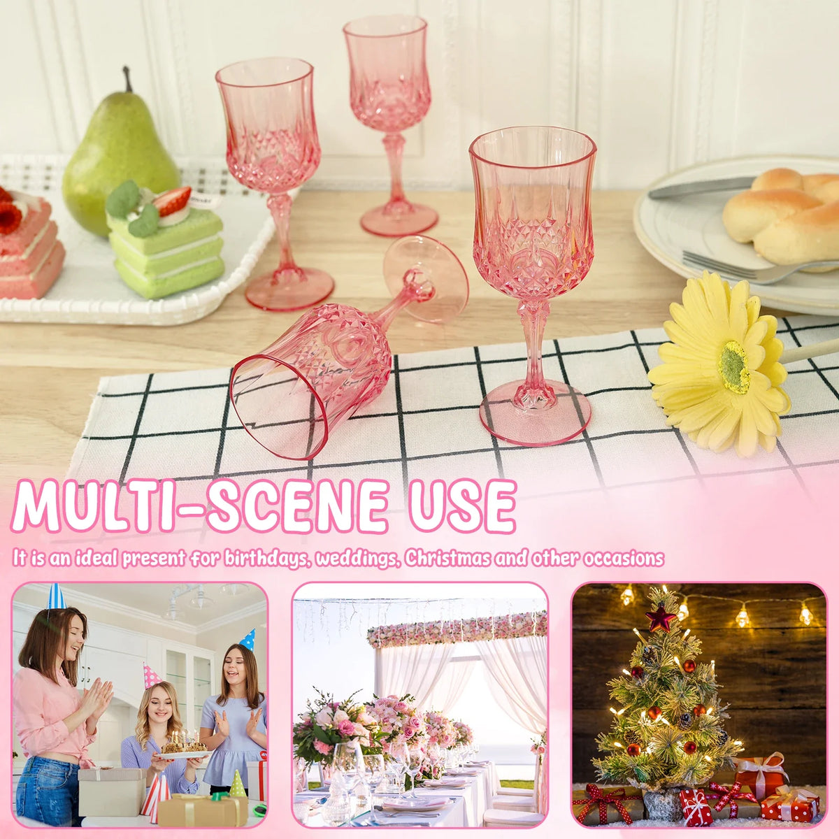 A set of elegant pink plastic wine glasses displayed on a checkered mat with festive holiday decorations.