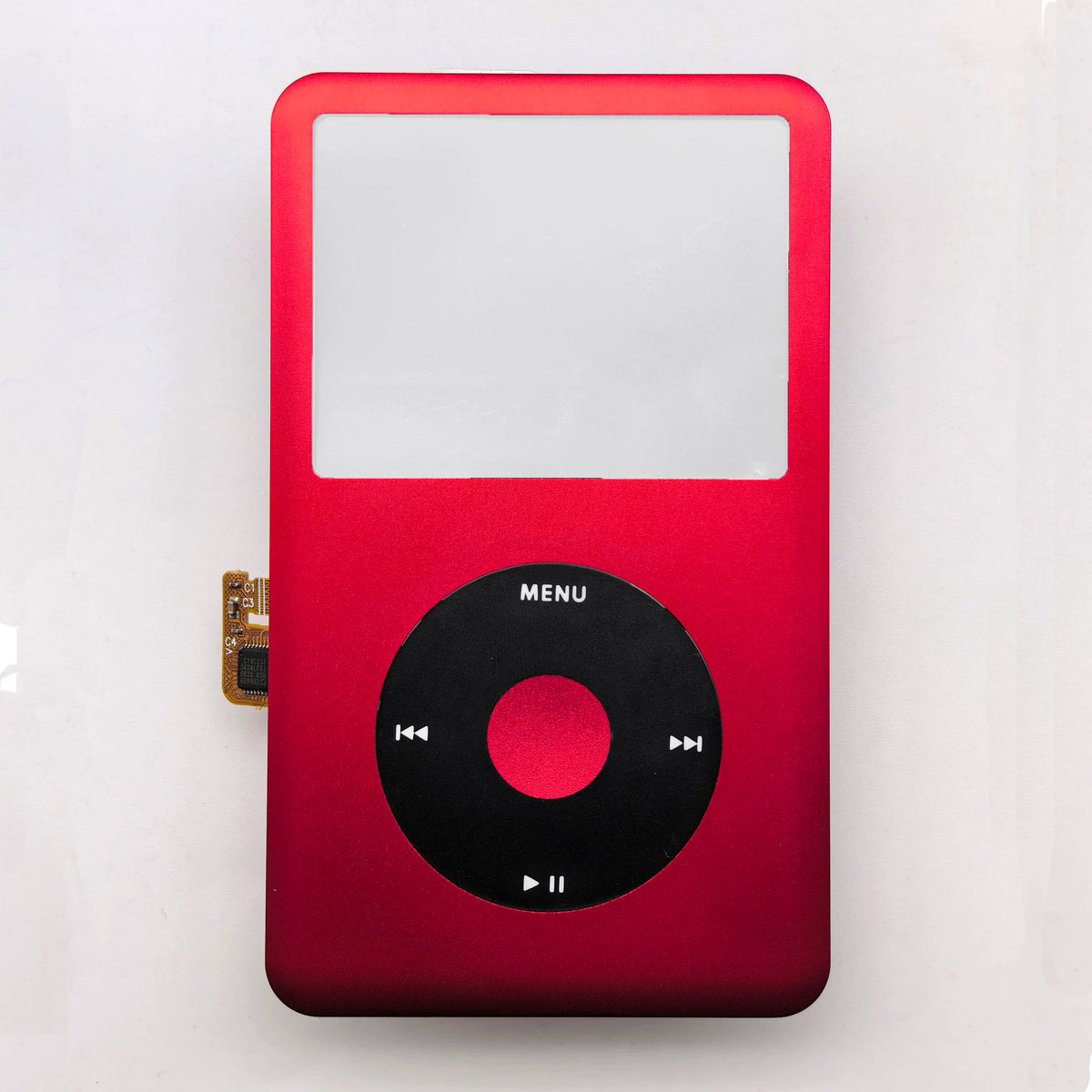 A red iPod front faceplate with a black clickwheel and screen area.