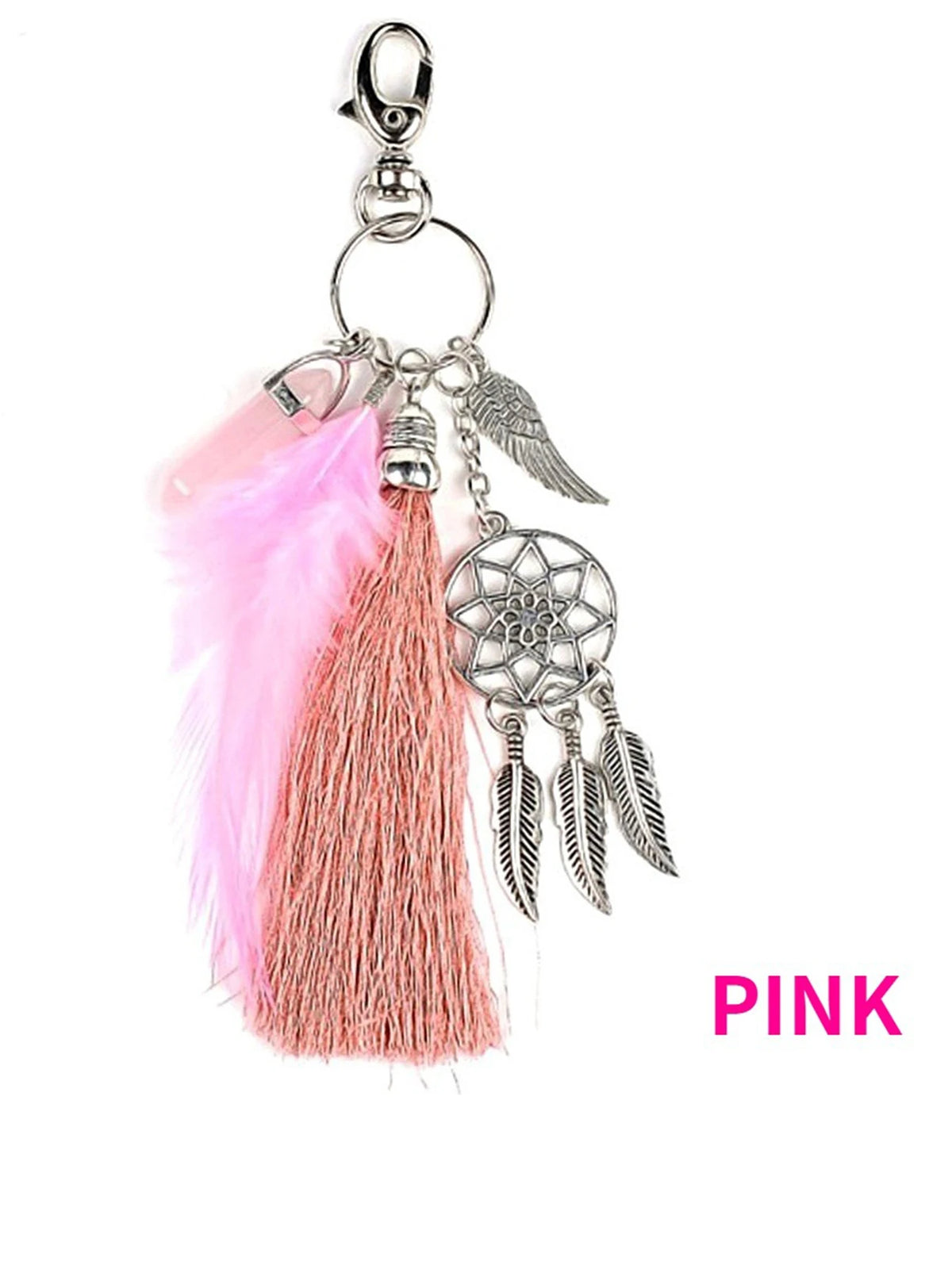 Pink bohemian dream catcher keychain featuring a feather tassel and silver charms.