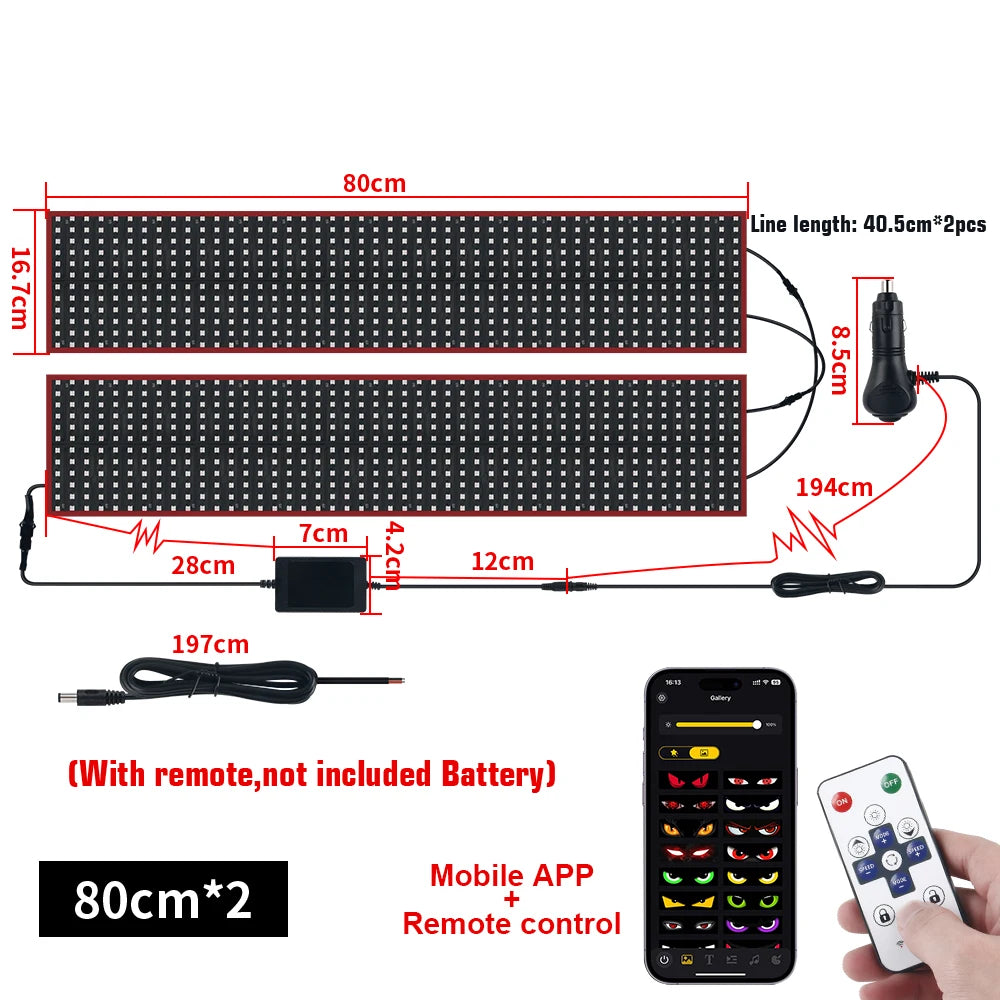 Flexible LED matrix display panel with 80cm length and remote control for mobile app operation