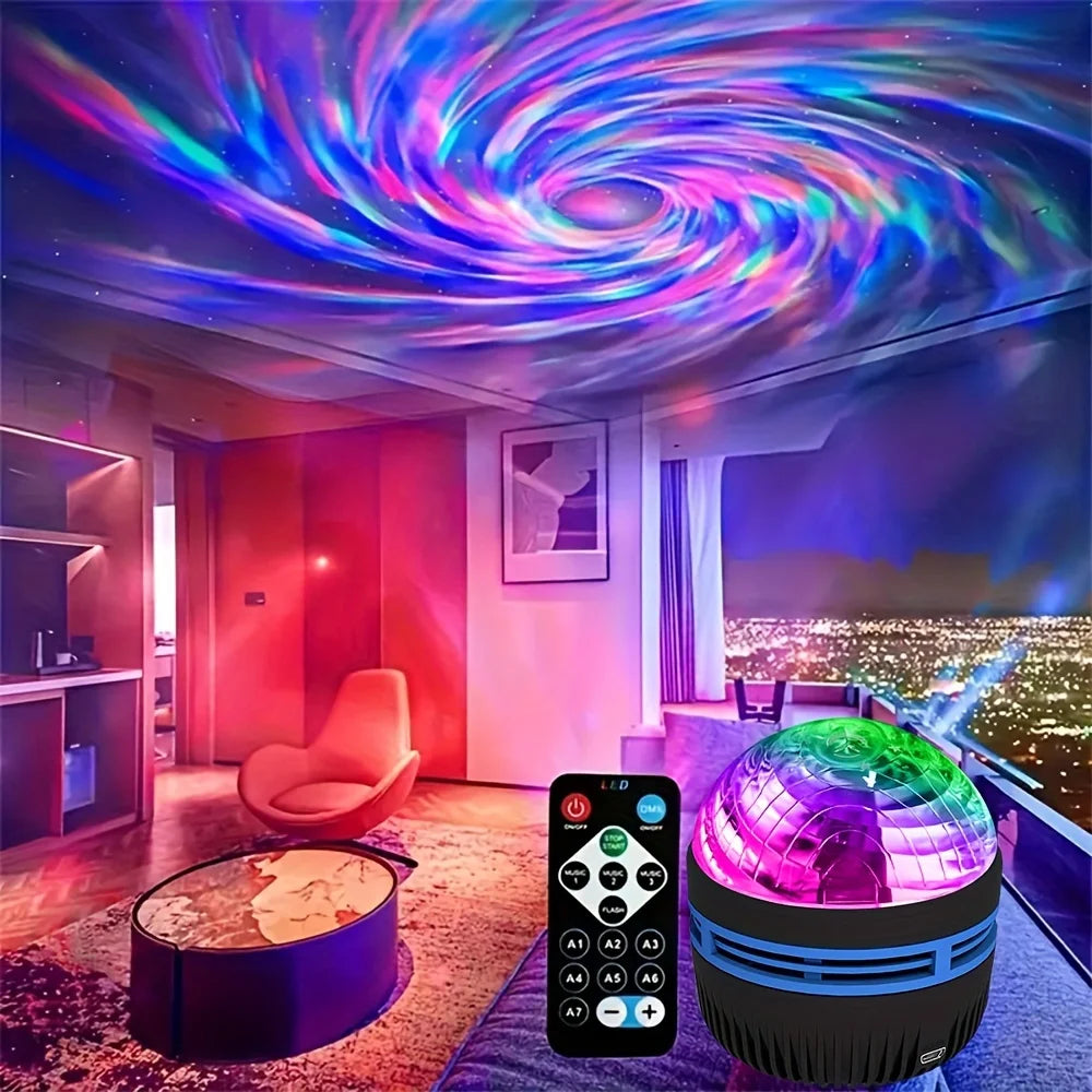 A galaxy projection night light device displaying a colorful spiral pattern in a room.