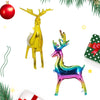 A set of 3D foil balloons featuring a golden deer and a iridescent, multicolored elk.