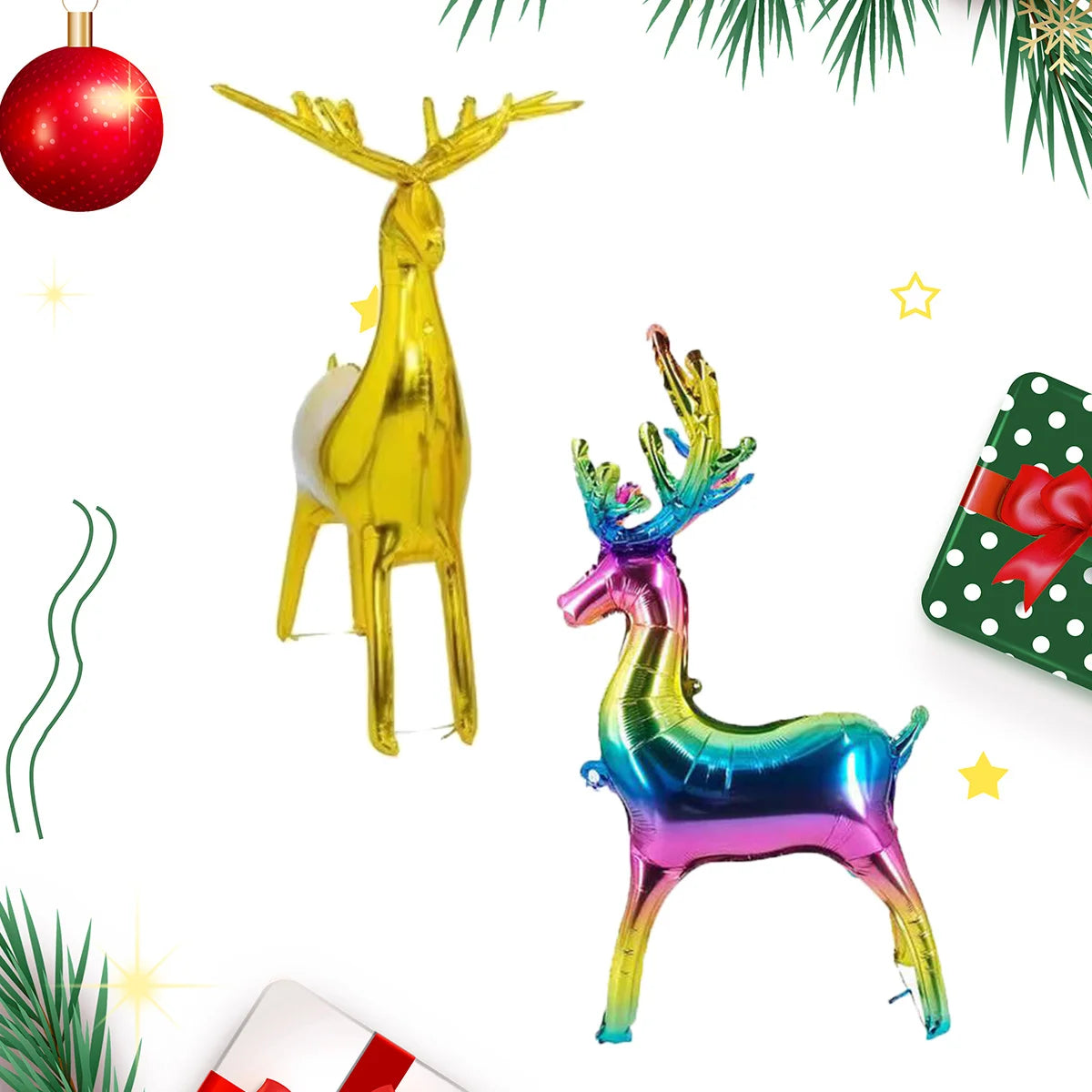 A set of 3D foil balloons featuring a golden deer and a iridescent, multicolored elk.
